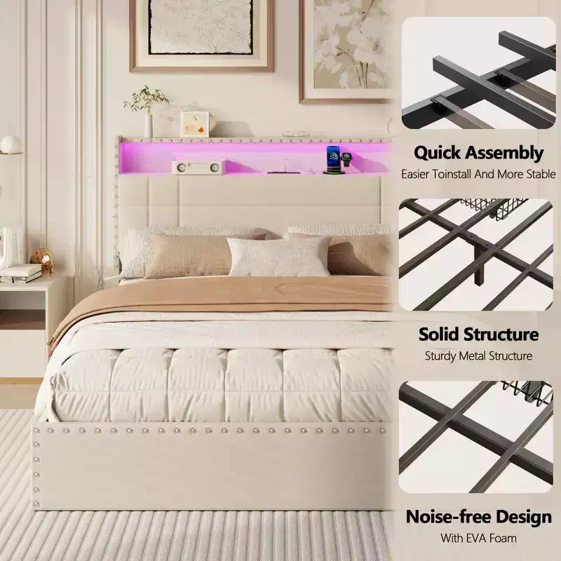 Base de Cama Tamaño Matrimonial con Almacenamiento, Luces LED y Estación de Carga