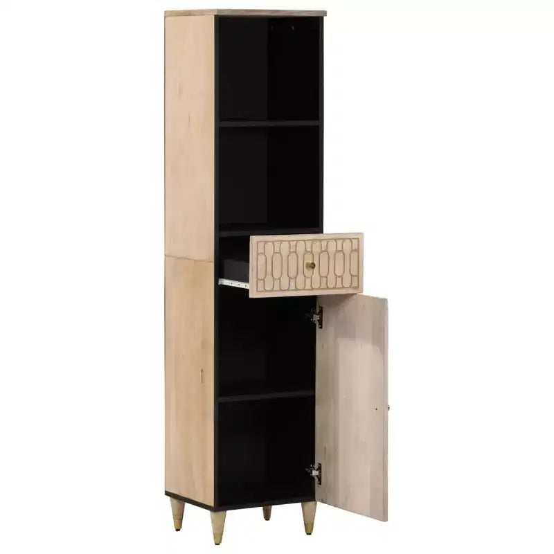 Armario de baño alto – Madera maciza de mango, 2 puertas y cajón
