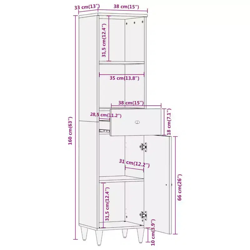 Armario de baño alto – Madera maciza de mango, 2 puertas y cajón