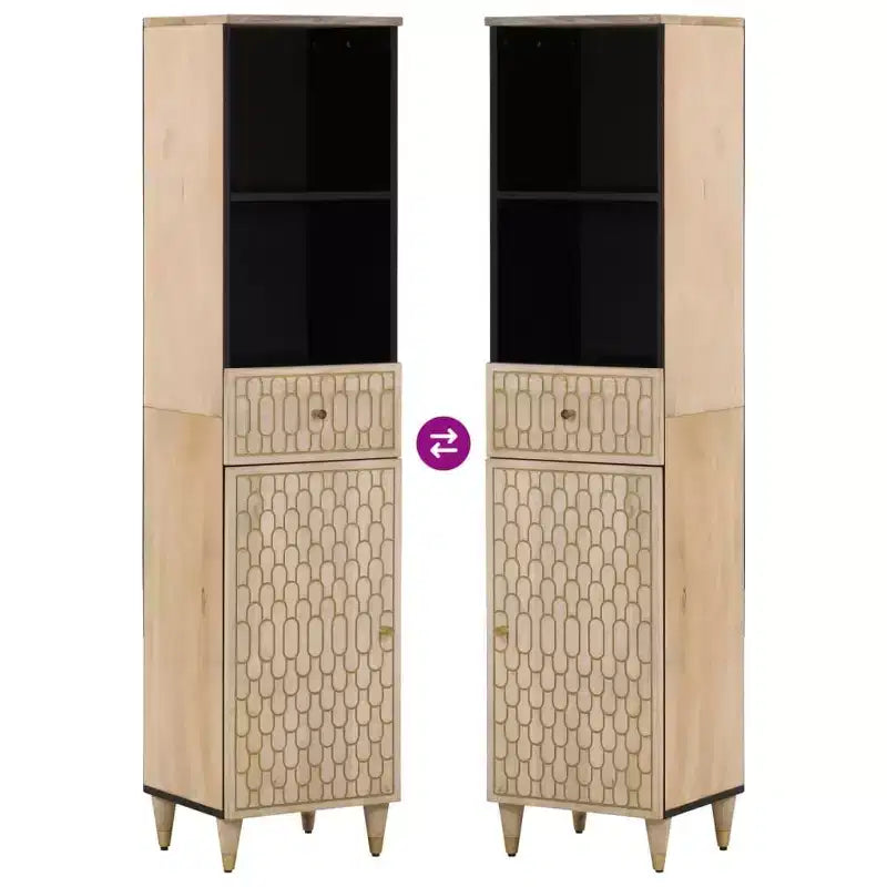 Armario de baño alto – Madera maciza de mango, 2 puertas y cajón