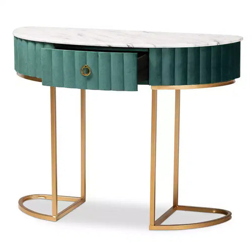 Mesa consola de 1 cajón con parte superior de mármol sintético – Verde y Oro
