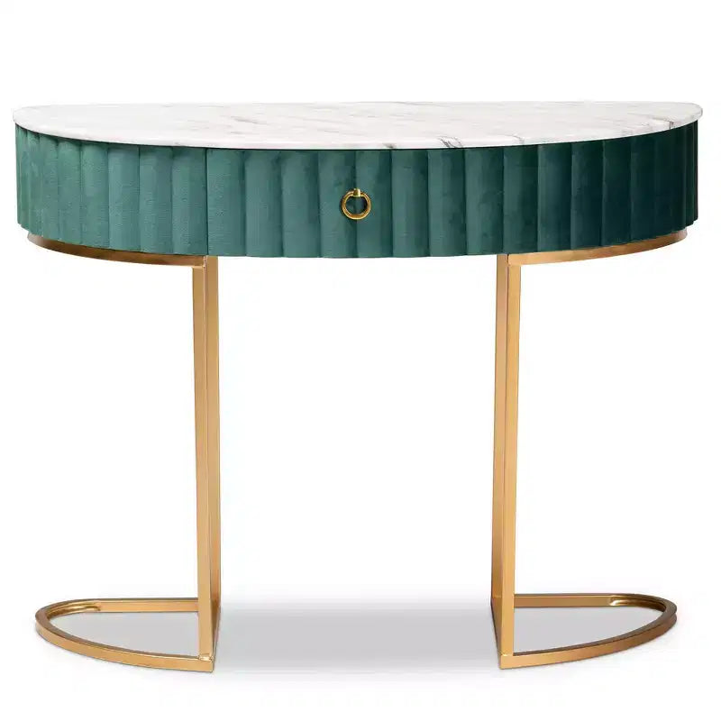 Mesa consola de 1 cajón con parte superior de mármol sintético – Verde y Oro