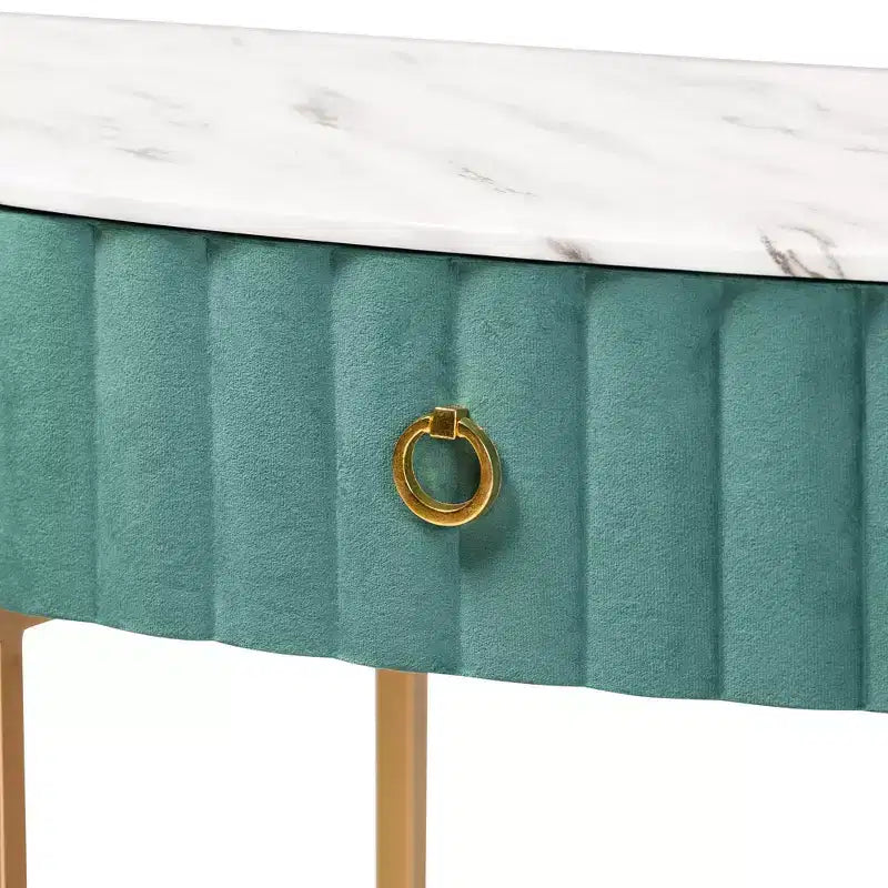 Mesa consola de 1 cajón con parte superior de mármol sintético – Verde y Oro