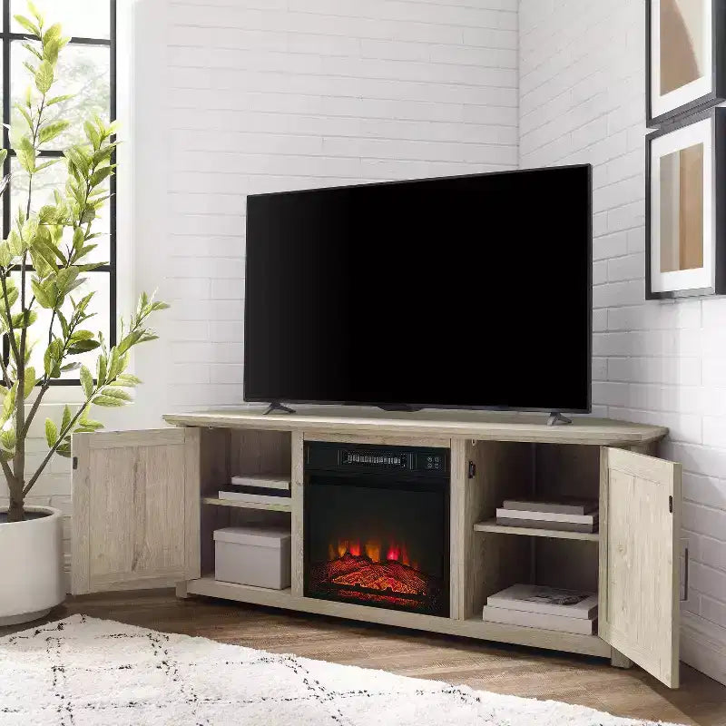 Mueble esquinero para TV con chimenea eléctrica para televisores de hasta 60 pulgadas