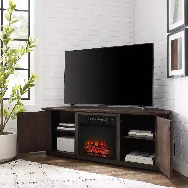 Mueble esquinero para TV con chimenea eléctrica para televisores de hasta 60 pulgadas