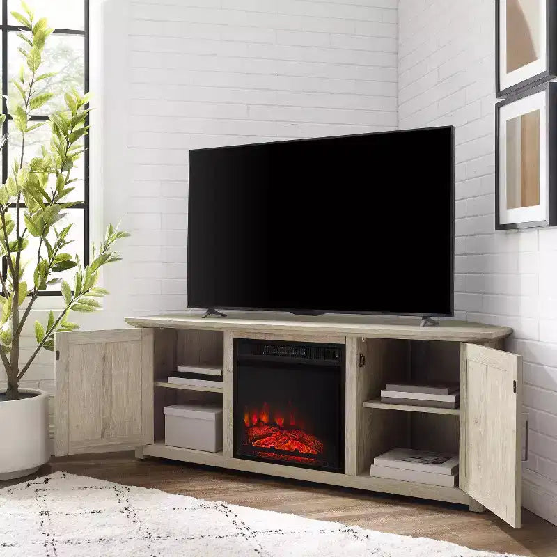 Mueble esquinero para TV con chimenea eléctrica para televisores de hasta 60 pulgadas