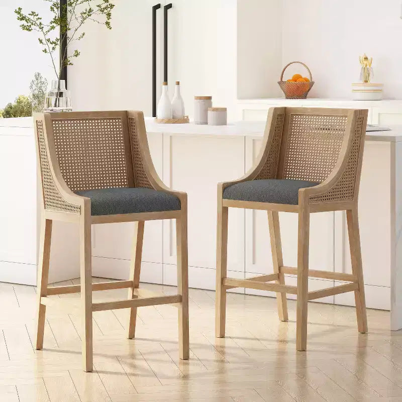 Christopher Knight Home Oneida, taburetes de bar rústicos de madera y caña tapizados en tela de 76 cm (juego de 2)
