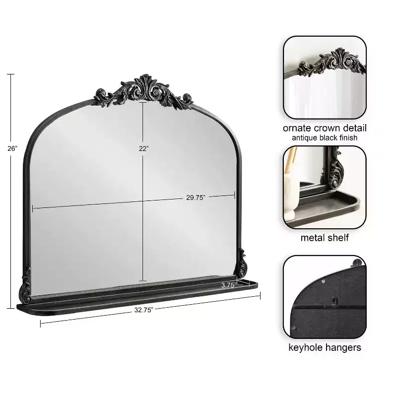 Espejo de pared con marco de metal arqueado y estante, 33 x 26 pulgadas