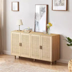 Mueble archivador de ratán de 4 puertas con patas de madera maciza – Aparador para dormitorio, sala de estar u oficina